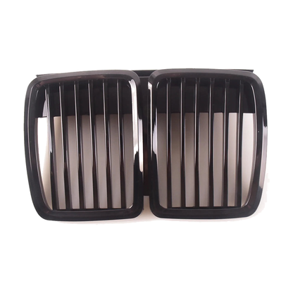 Gloss black dual-slat front kidney grille pair, front view, for BMW E30 (1983-1991)