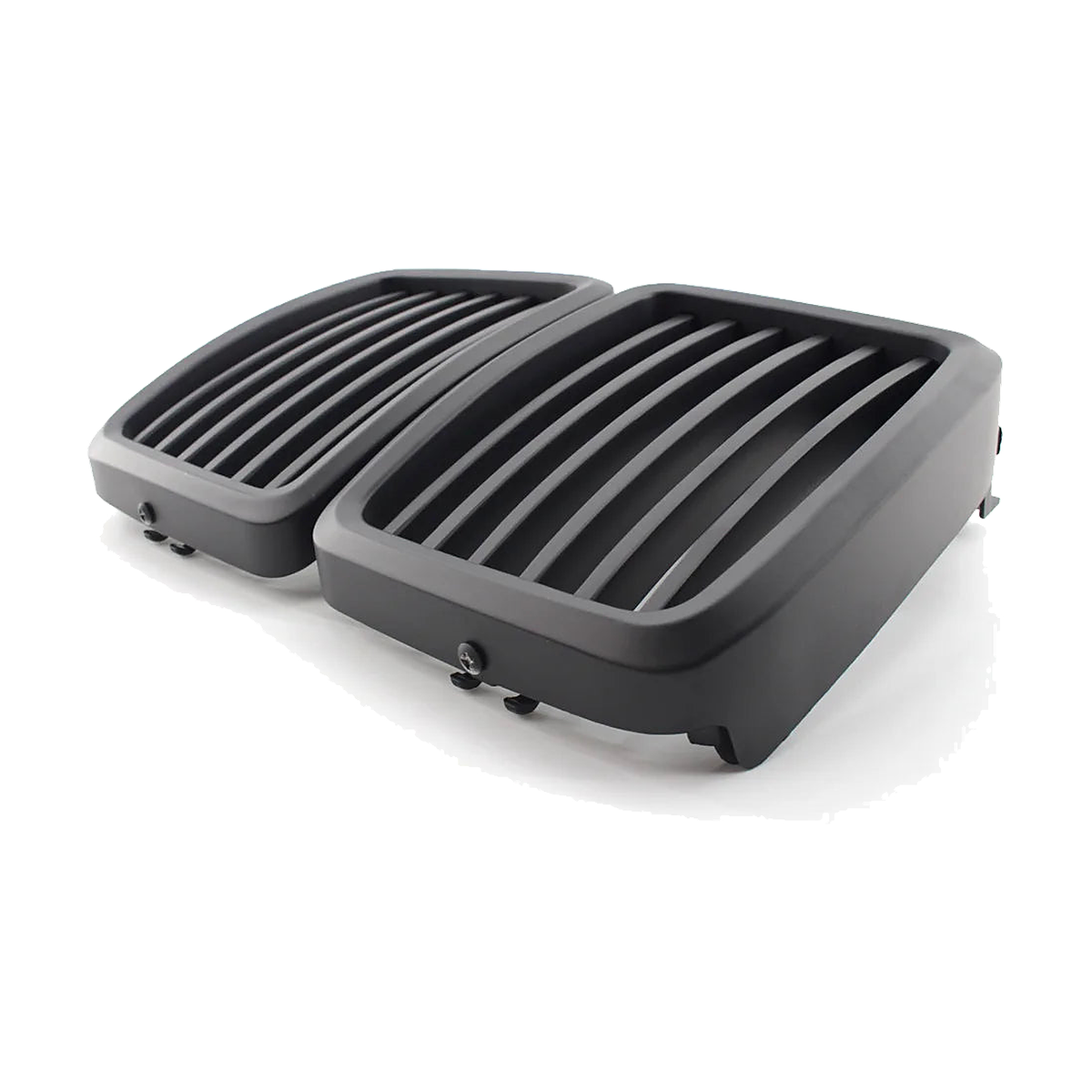 Matte black kidney grille pair, angled rear three-quarter view, for BMW E30 (1983-1991)
