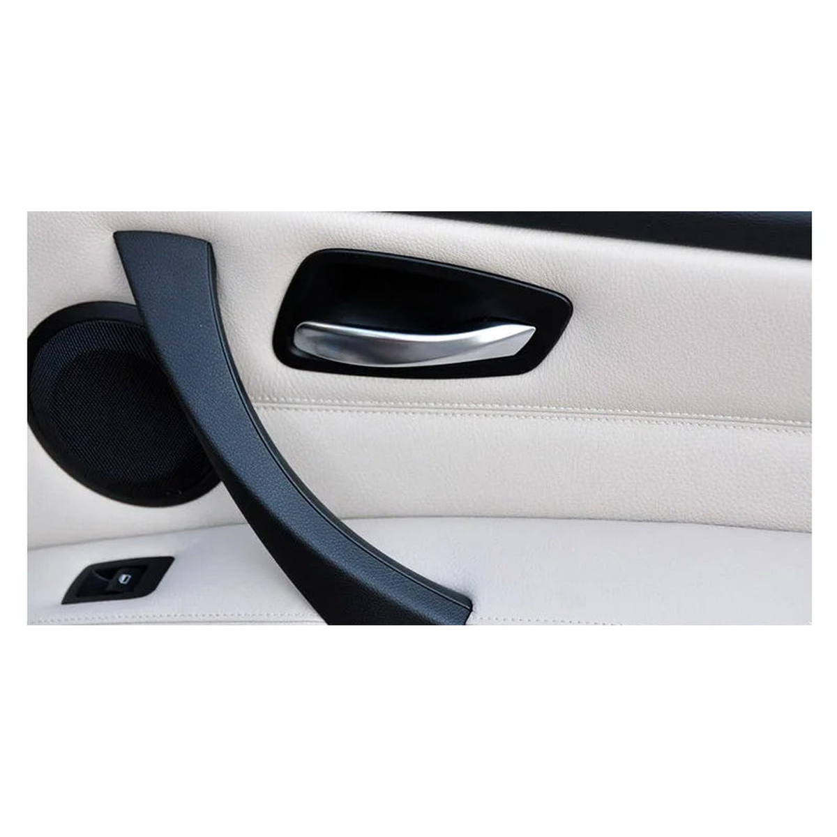 Black interior door pull handle installed in a BMW 3 Series E90 / E91 door panel