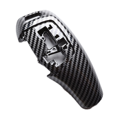 Carbon fiber look gear selector cover, Style A LHD, angled view for BMW 1-6 Series, X3, X4 F20/F30/F10