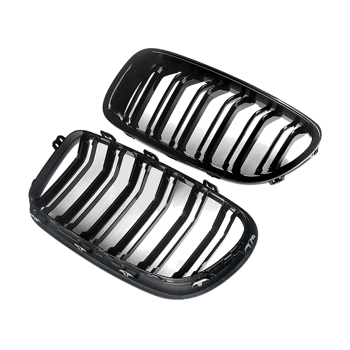 Gloss black double-slat kidney grille pair, angled view, for BMW 5 Series F10 / F11 2010 to 2016