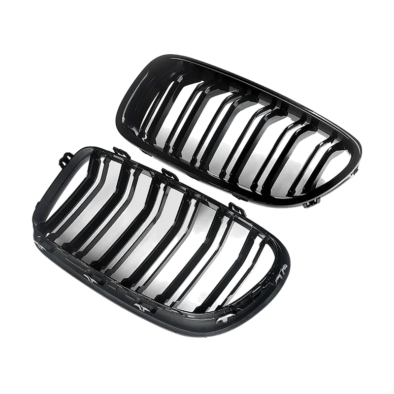 Gloss black double-slat kidney grille pair, angled view, for BMW 5 Series F10 / F11 2010 to 2016
