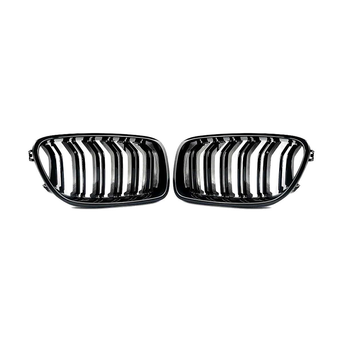 Gloss black double-slat kidney grille pair, front view, for BMW 5 Series F10 / F11 2010 to 2016