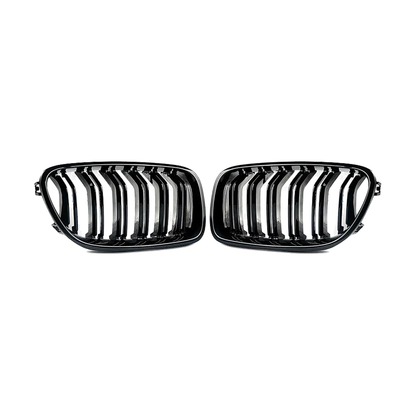 Gloss black double-slat kidney grille pair, front view, for BMW 5 Series F10 / F11 2010 to 2016