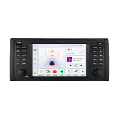Hizpo Android head unit with 7 inch touchscreen home screen, front view, for BMW 5 Series E39 / X5 E53