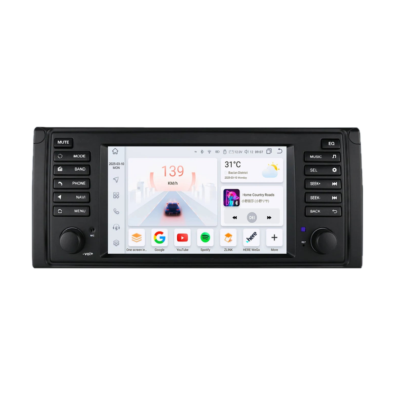 Hizpo Android head unit with 7 inch touchscreen home screen, front view, for BMW 5 Series E39 / X5 E53