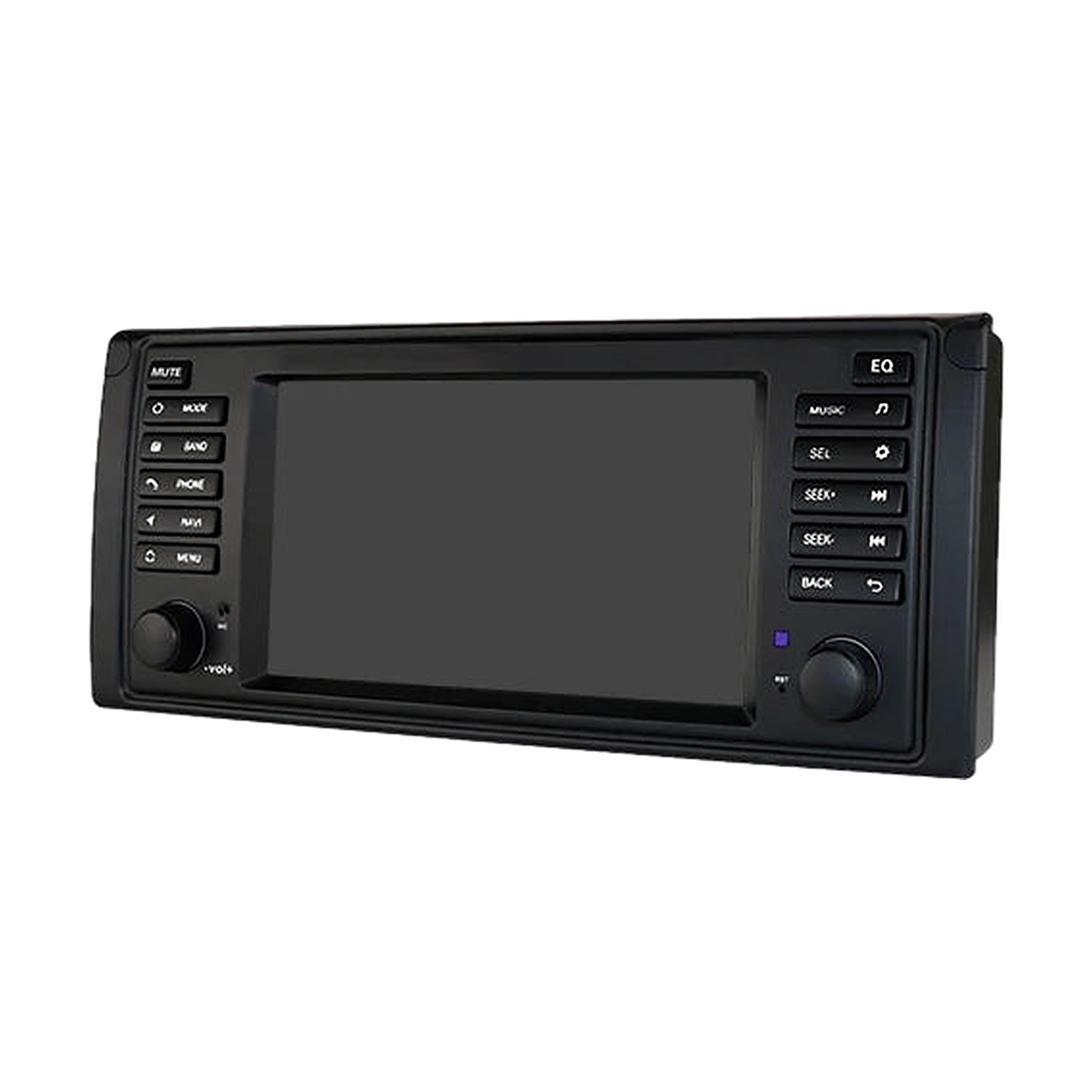Android head unit in black with screen off, left angled view, for BMW 5 Series E39 / X5 E53