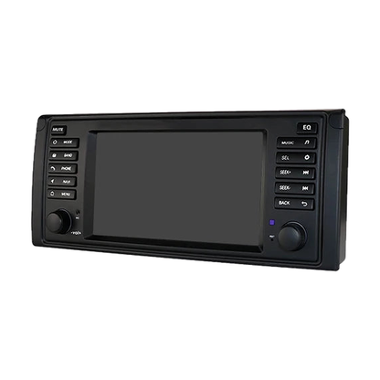 Android head unit in black with screen off, left angled view, for BMW 5 Series E39 / X5 E53