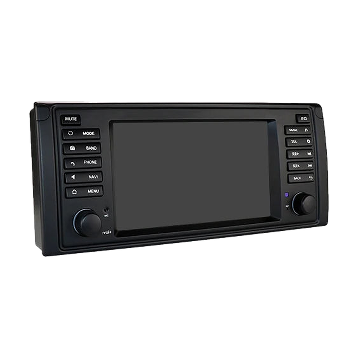 Android head unit in black with screen off, right angled view, for BMW 5 Series E39 / X5 E53