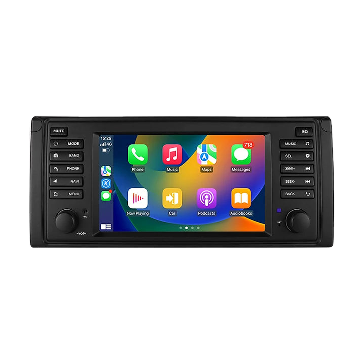Android head unit showing the wireless CarPlay home screen, front view, for BMW 5 Series E39 / X5 E53