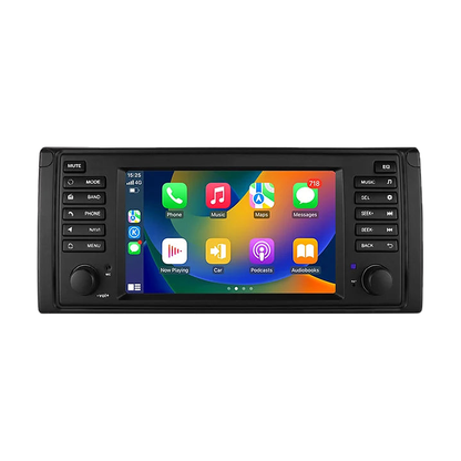 Android head unit showing the wireless CarPlay home screen, front view, for BMW 5 Series E39 / X5 E53