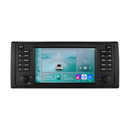 Android head unit with teal home screen theme, front view, for BMW 5 Series E39 / X5 E53