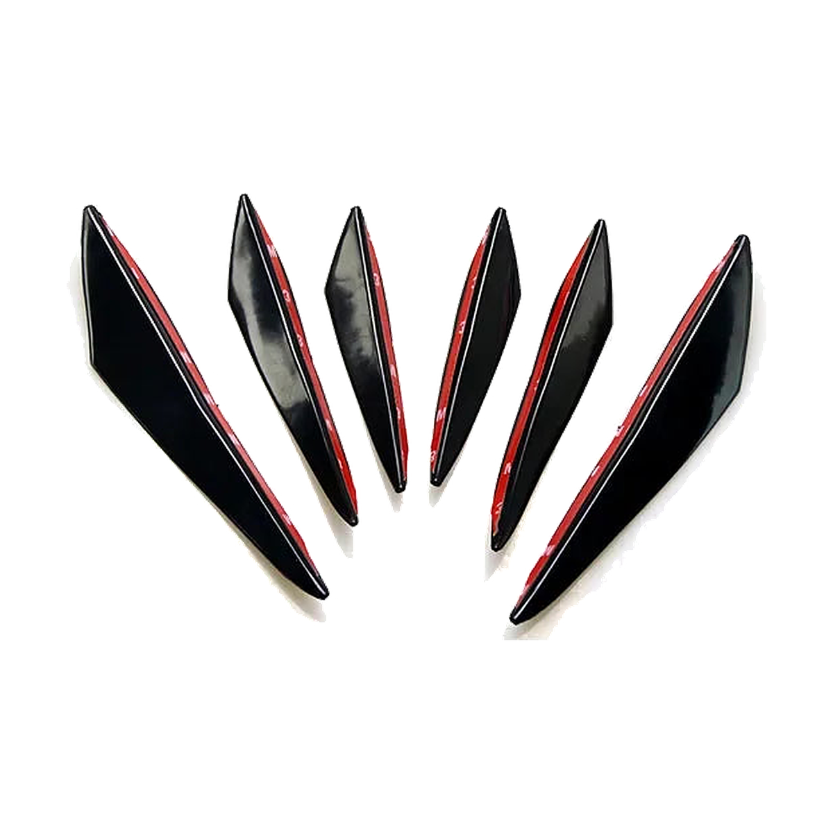 Glossy black canard fins, six piece set, fanned front view, universal fit for BMW