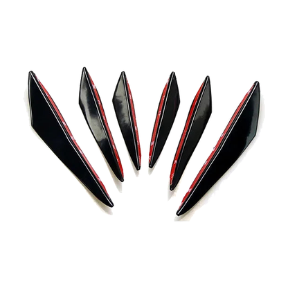 Glossy black canard fins, six piece set, fanned front view, universal fit for BMW
