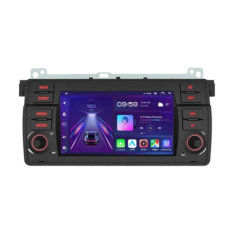 Junsun V1 Plus 7 inch Android head unit with wireless CarPlay and mounting bracket, front view, for BMW 3 Series E46