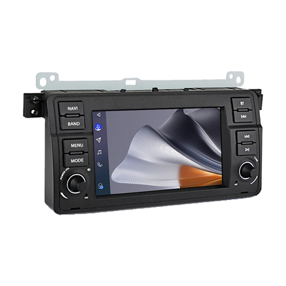 Junsun 7 inch Android head unit with top mounting bracket, angled side view, for BMW 3 Series E46