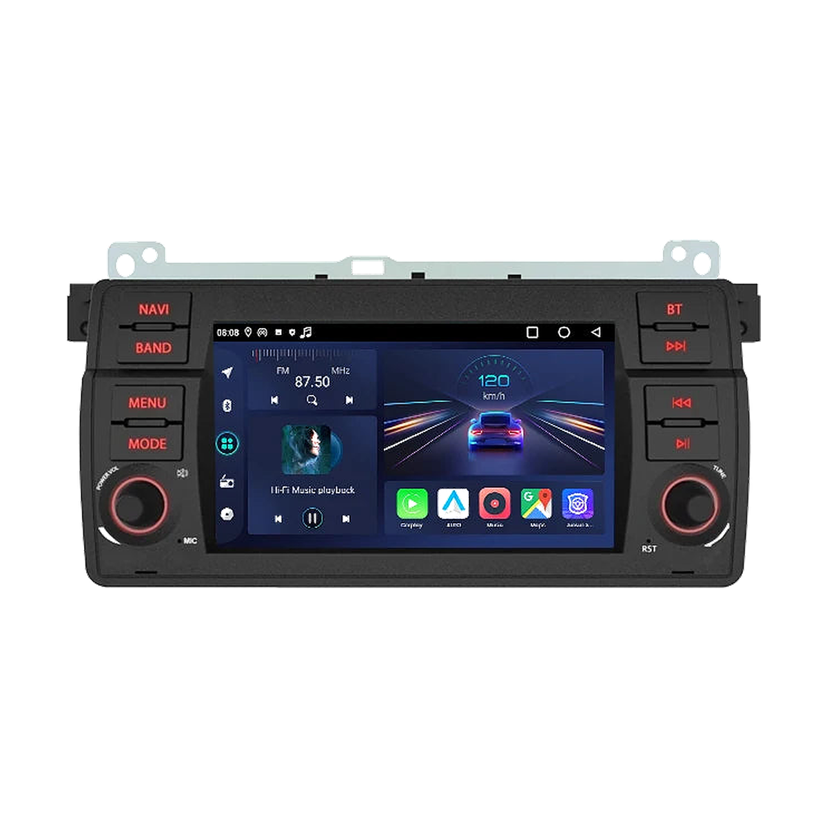 Junsun V1 7 inch Android head unit with mounting bracket, front view of the radio home screen, for BMW 3 Series E46