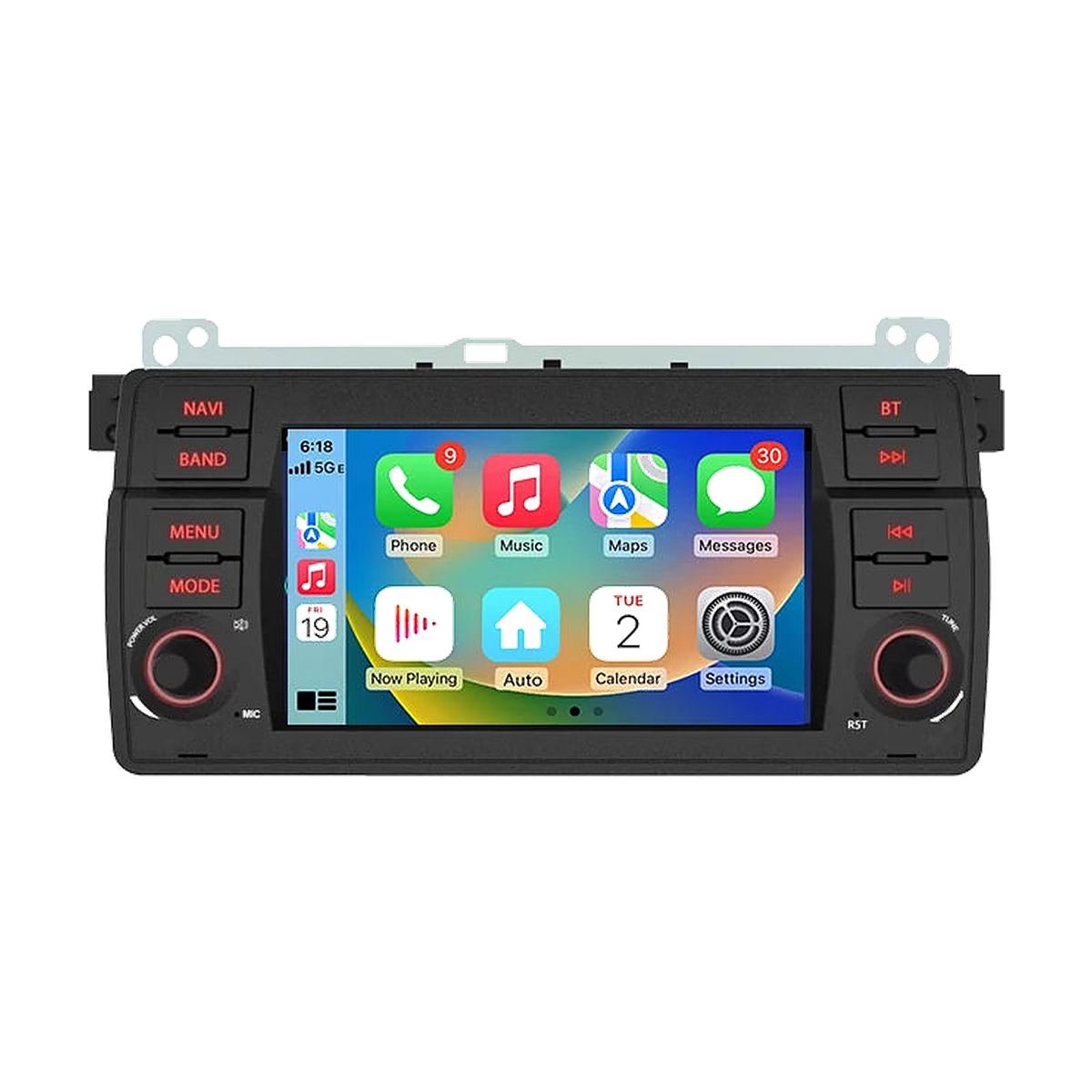 Junsun 7 inch Linux head unit showing the CarPlay screen, front view with mounting bracket, for BMW 3 Series E46