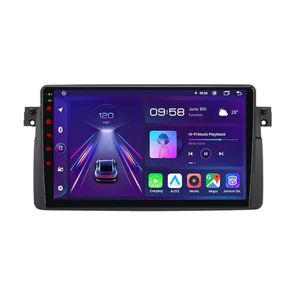 Junsun V2 Plus 9 inch Android head unit with mounting frame, front view, for BMW 3 Series E46