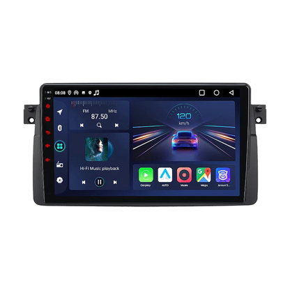 Junsun V1 9 inch Android head unit with mounting frame, front view, for BMW 3 Series E46