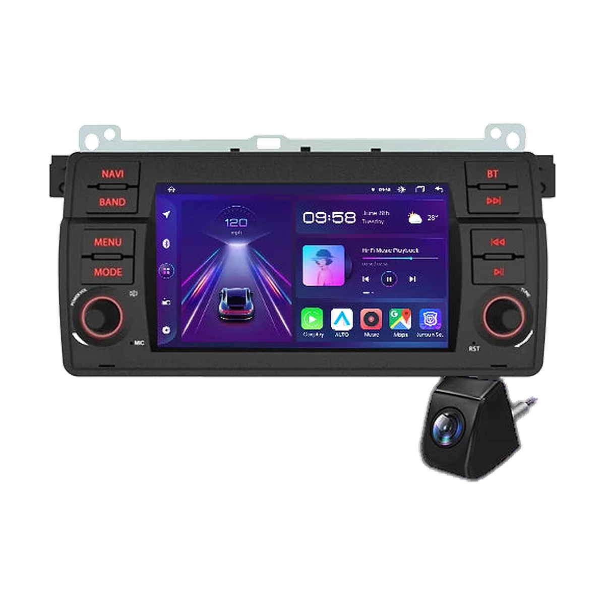 Junsun V1 Plus 7 inch Android head unit with rear view camera and mounting bracket, front view, for BMW 3 Series E46