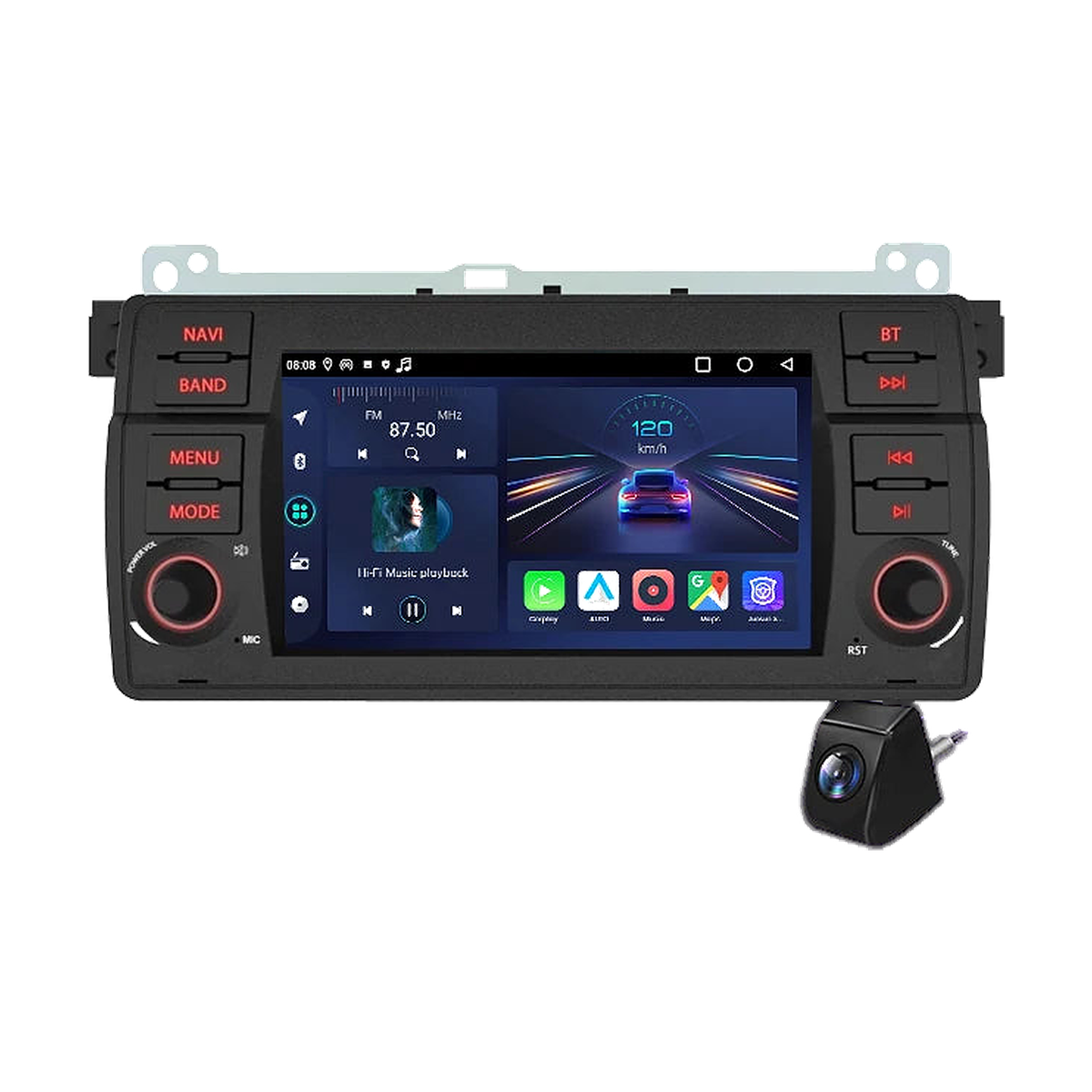 Junsun V1 7 inch Android head unit with rear view camera and mounting bracket, front view, for BMW 3 Series E46