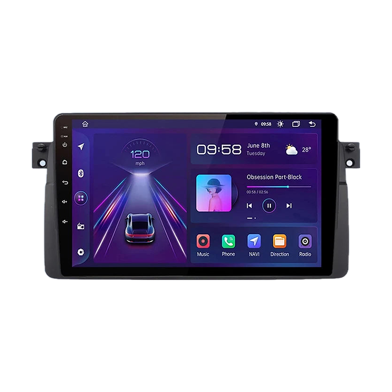 9 inch Android head unit in black E46 dash frame showing the home screen, front view, for BMW 3 Series E46 1998 to 2006