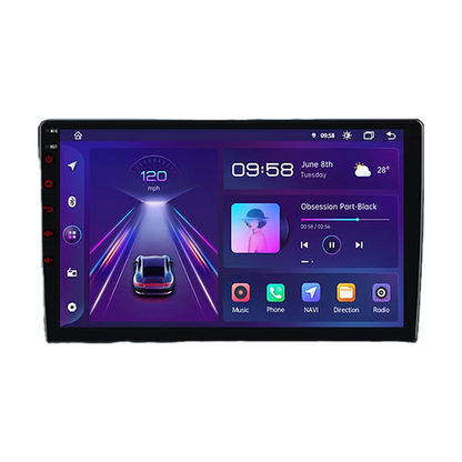 V1 Plus 9 inch Android head unit showing the home screen, front view, for BMW 3 Series E46