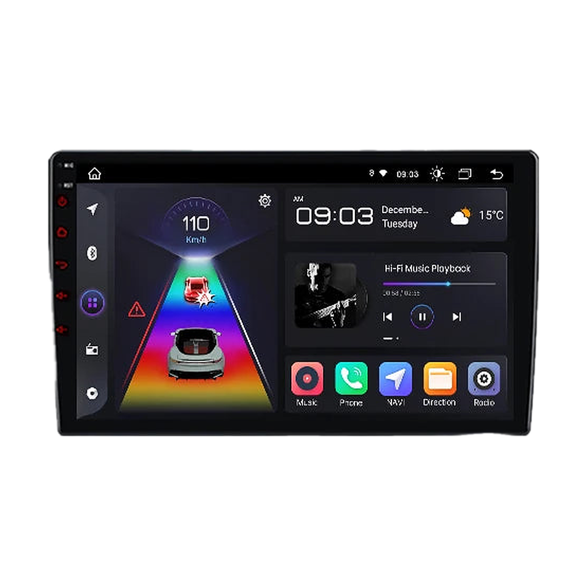 V2 Plus 9 inch Android head unit with 3D car home screen, front view, for BMW 3 Series E46