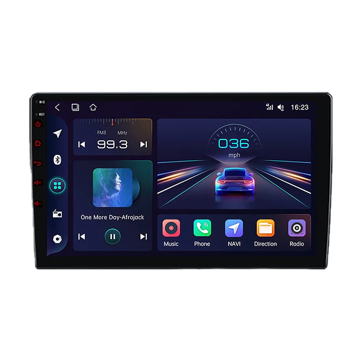 V1C 9 inch Android head unit showing the radio and music home screen, front view, for BMW 3 Series E46