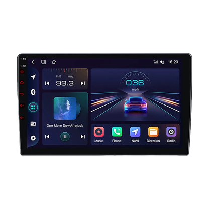 V1C 9 inch Android head unit showing the radio and music home screen, front view, for BMW 3 Series E46