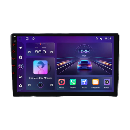 V1C and V1 Pro 9 inch Android head unit showing the radio home screen, front view, for BMW 3 Series E46