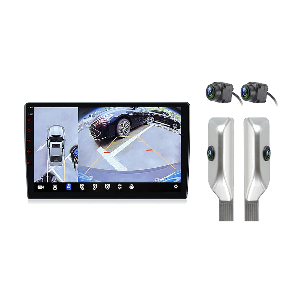 V1 Plus 9 inch head unit with 360 view cameras and silver mirror camera housings, for BMW 3 Series E46