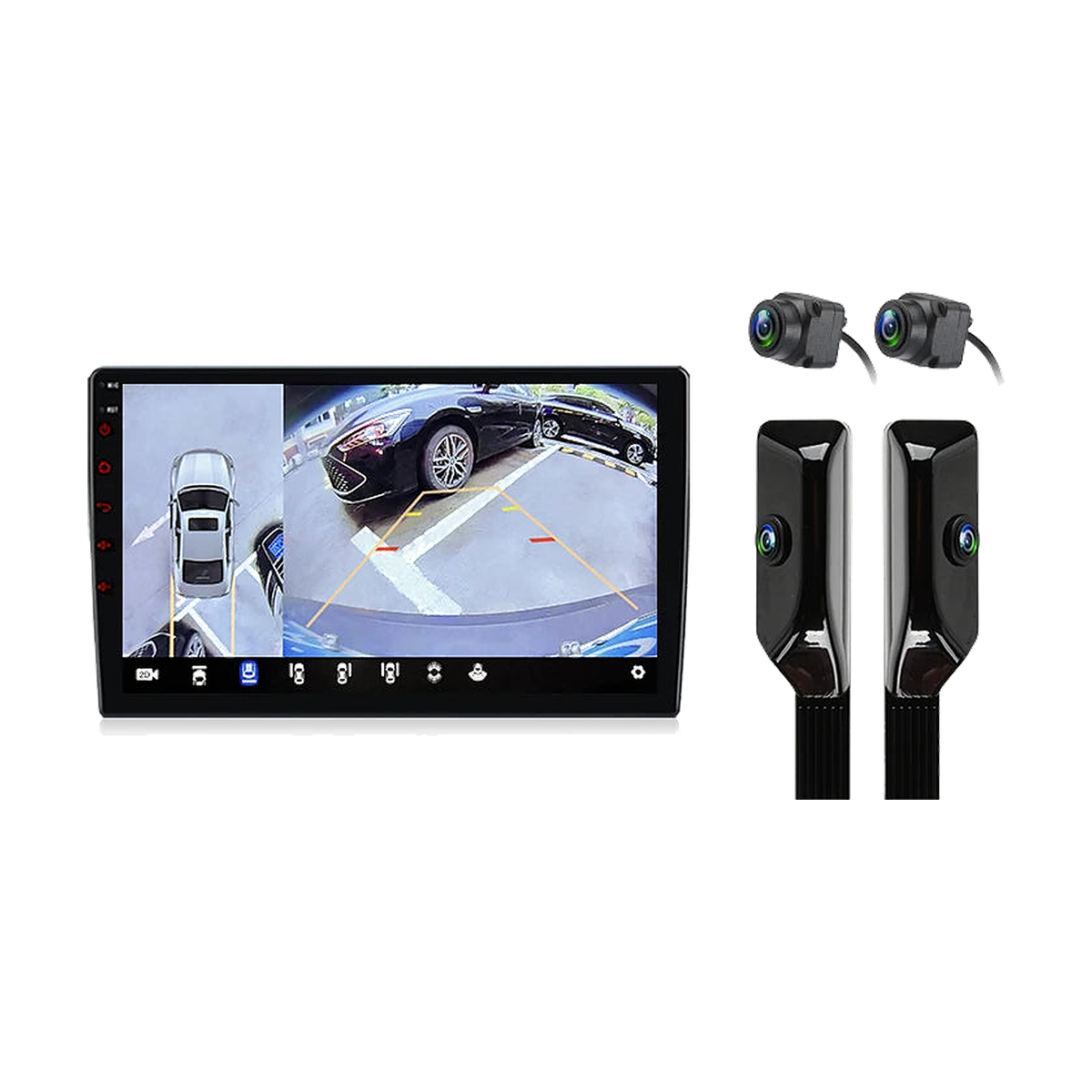 V1 Plus 9 inch head unit with 360 view cameras and black mirror camera housings, for BMW 3 Series E46