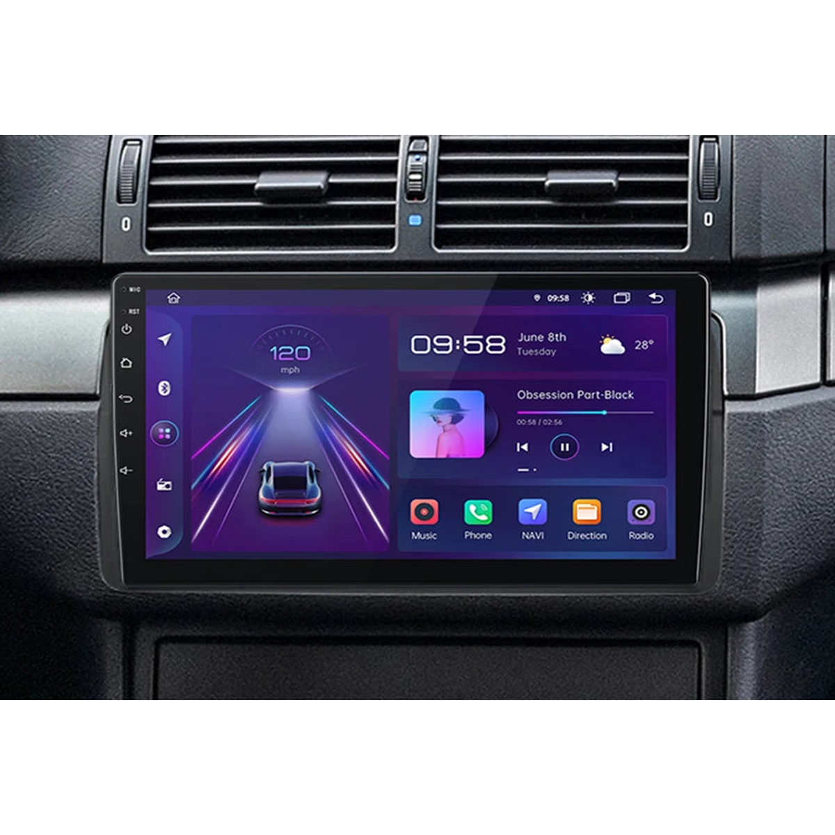 9 inch Android head unit fitted in the dashboard below the air vents, for BMW 3 Series E46