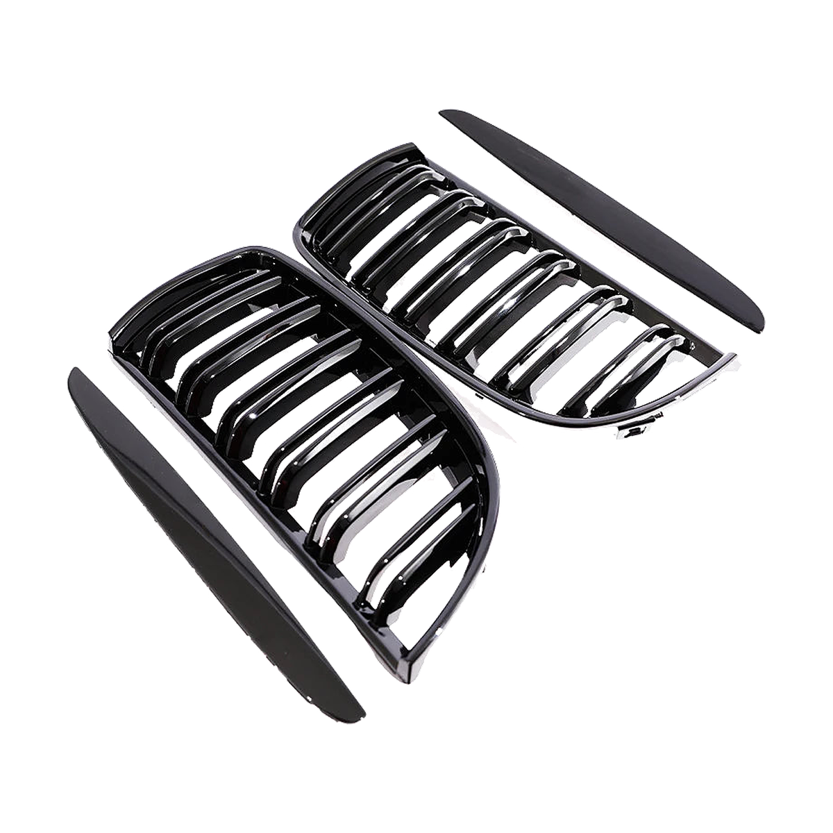 Gloss black kidney grille pair, angled open view, for BMW 3 Series E90 / E91 Pre-LCI (2005-2008)