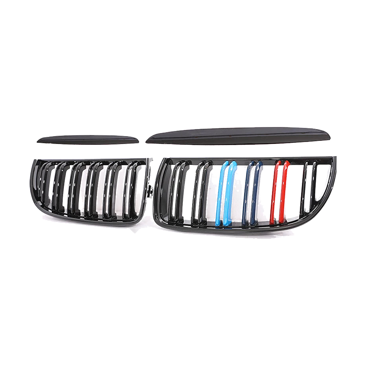 Gloss black kidney grille pair with M-color stripe accents for BMW 3 Series E90 / E91 Pre-LCI (2005-2008)