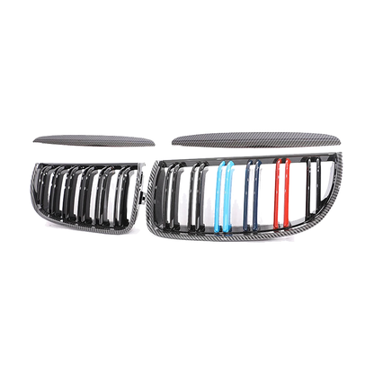 Carbon fiber frame kidney grille pair with M-color stripe accents for BMW 3 Series E90 / E91 Pre-LCI (2005-2008)
