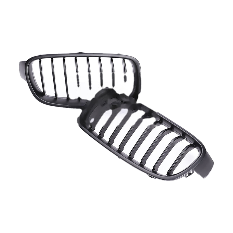 Single 8 slat kidney grille pair, matte black, angled view, for BMW 3 Series F30 / F31 / F35 (2011-2019)