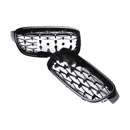 All black diamond mesh kidney grille pair, gloss finish, for BMW 3 Series F30 / F31 / F35 (2011-2019)
