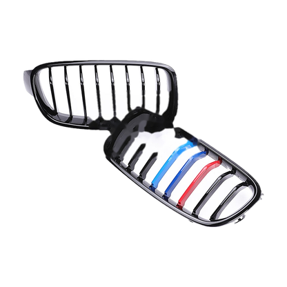 Single 8 slat kidney grille pair, gloss black with M color stripes, for BMW 3 Series F30 / F31 / F35 (2011-2019)