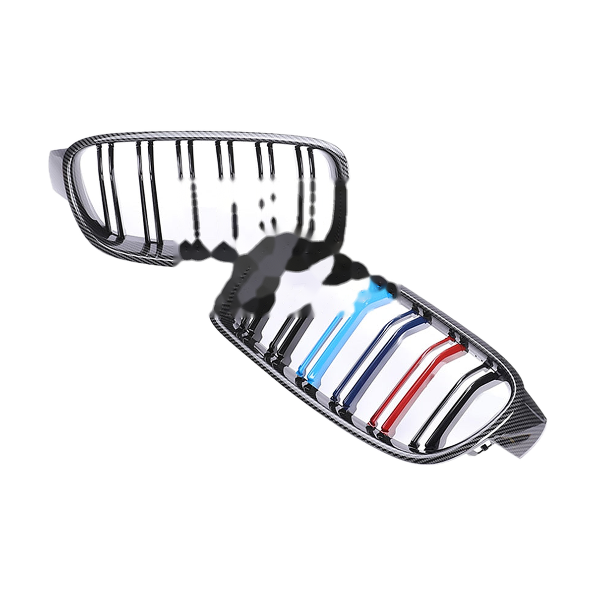 Dual slat kidney grille pair, carbon fiber finish with M color stripes, for BMW 3 Series F30 / F31 / F35 (2011-2019)