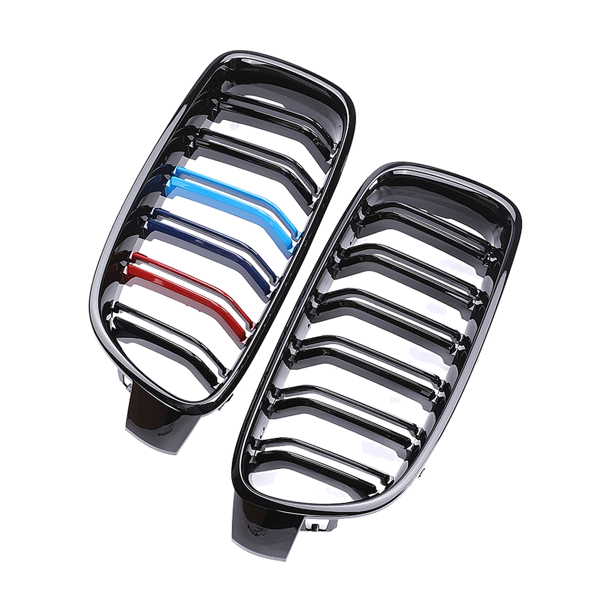 Dual slat kidney grille pair, gloss black with M color stripes, top down view, for BMW 3 Series F30 / F31 / F35 (2011-2019)