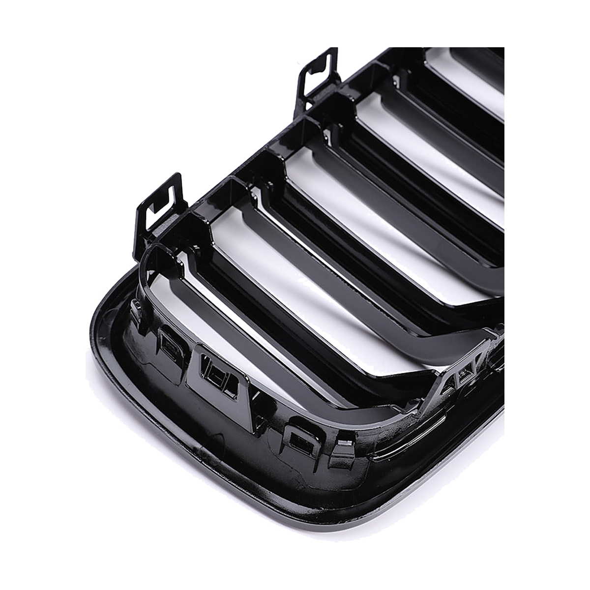 Dual slat kidney grille, rear view showing mounting clips, gloss black, for BMW 3 Series F30 / F31 / F35 (2011-2019)