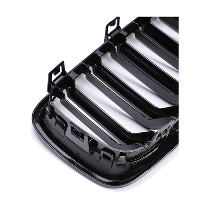 Dual slat kidney grille, rear view showing mounting clips, gloss black, for BMW 3 Series F30 / F31 / F35 (2011-2019)