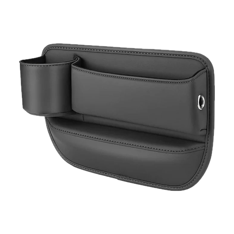 Black leather seat gap storage box with cup holder, left side, for BMW