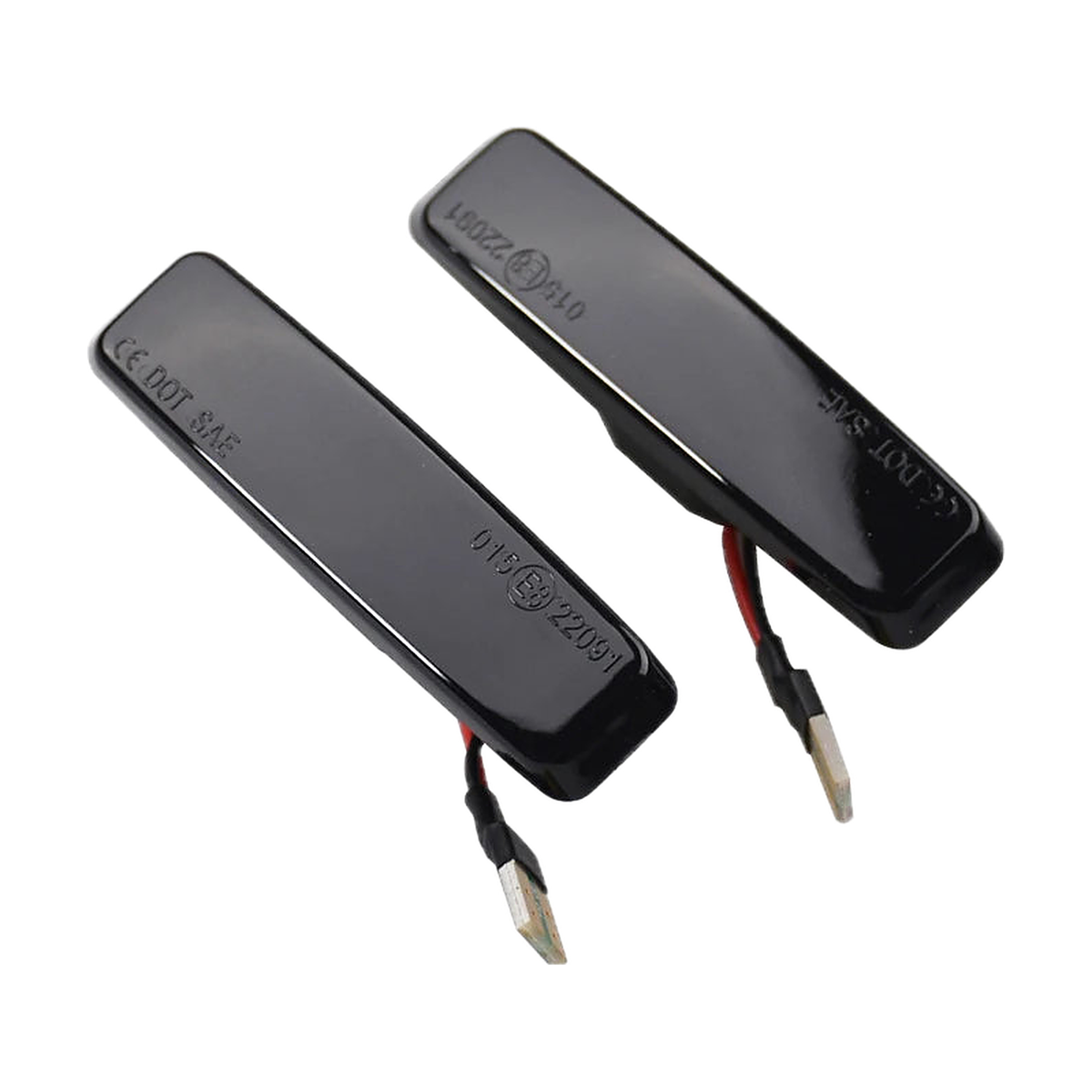 Smoked lens sequential LED side indicators pair with wiring, angled view, for BMW 5 Series E39 1995 2003
