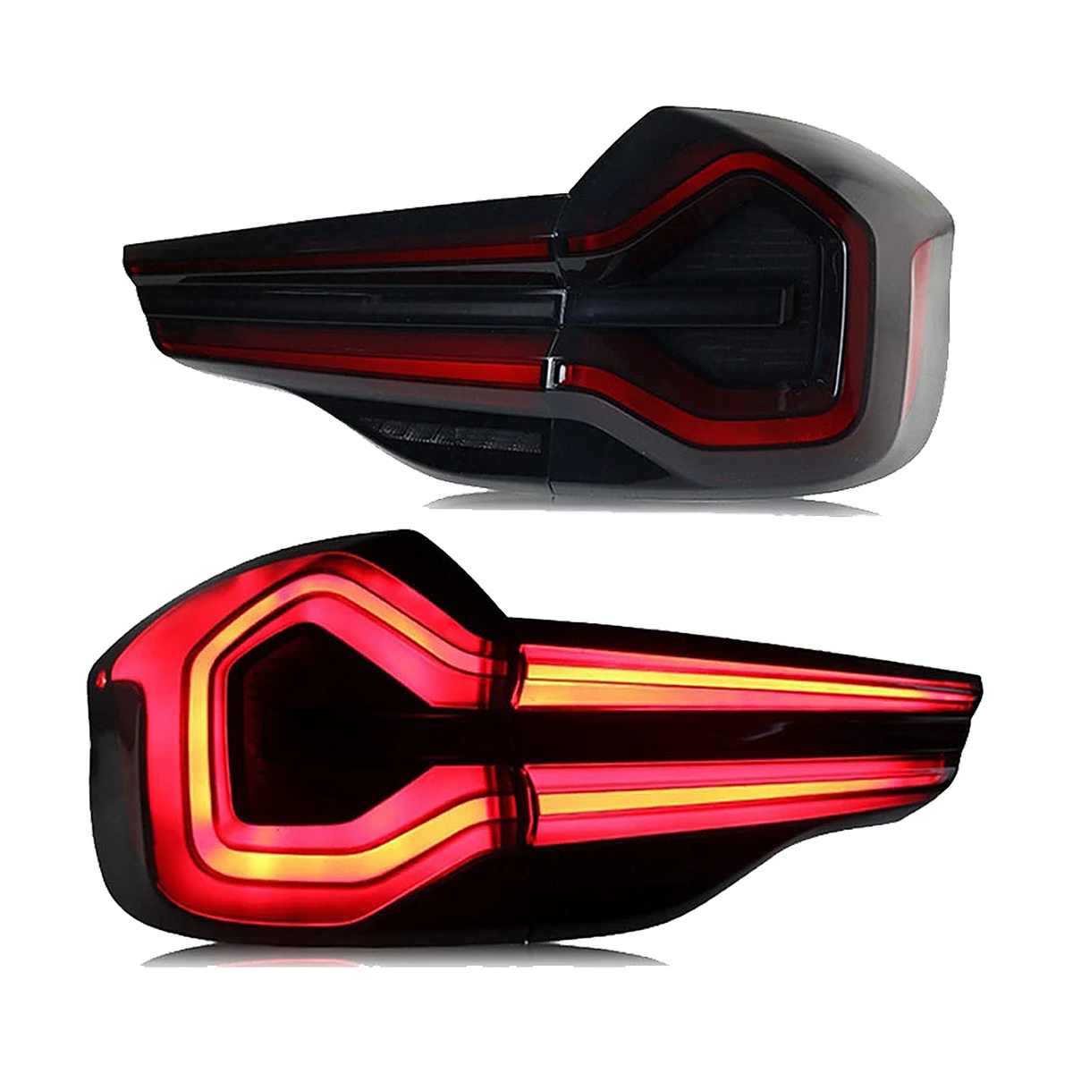 Smoked LED tail light pair for BMW X3 G01 / G08, shown off and illuminated