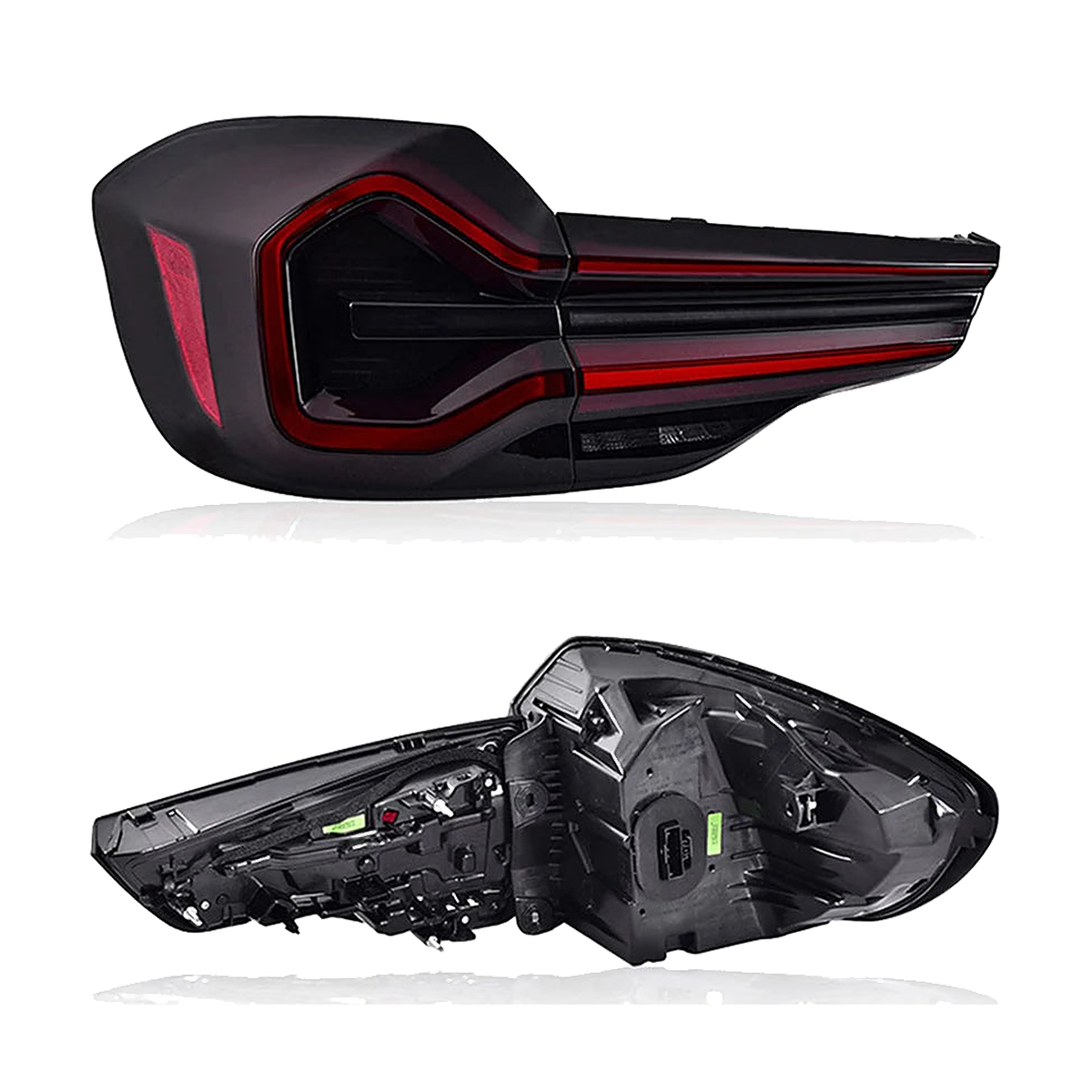LED tail light rear housing with wiring harness for BMW X3 G01 / G08, angled view
