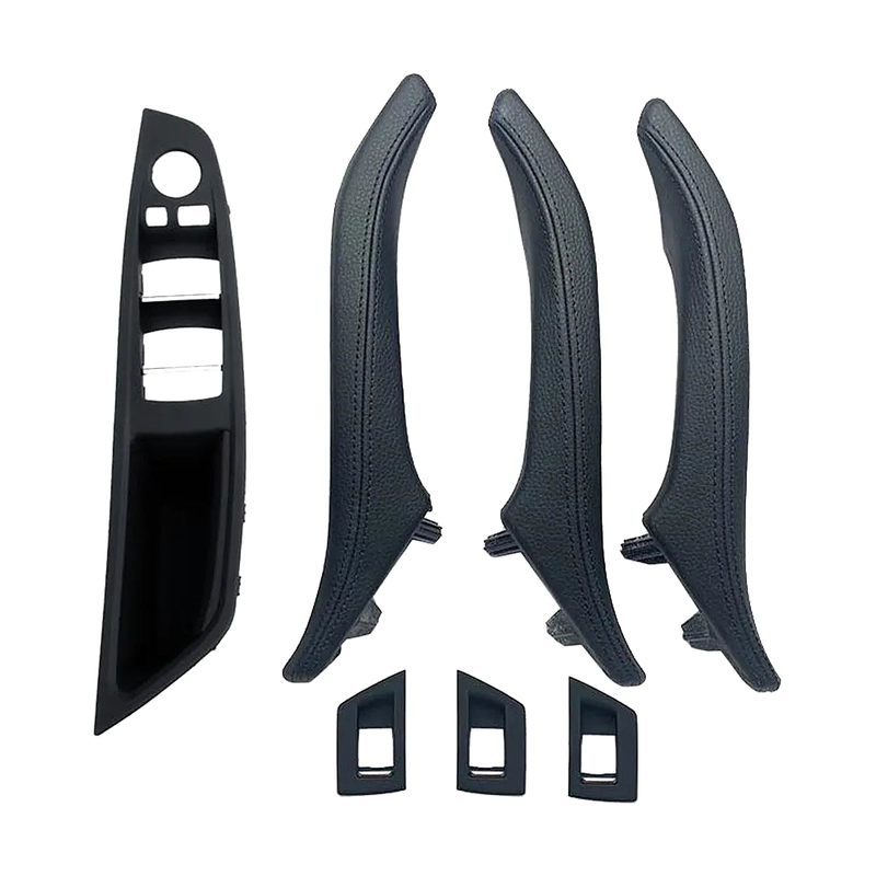 Black leather door pull handle set, 7 pieces with driver switch panel, for BMW 5 Series F10 / F11 / F18 LHD